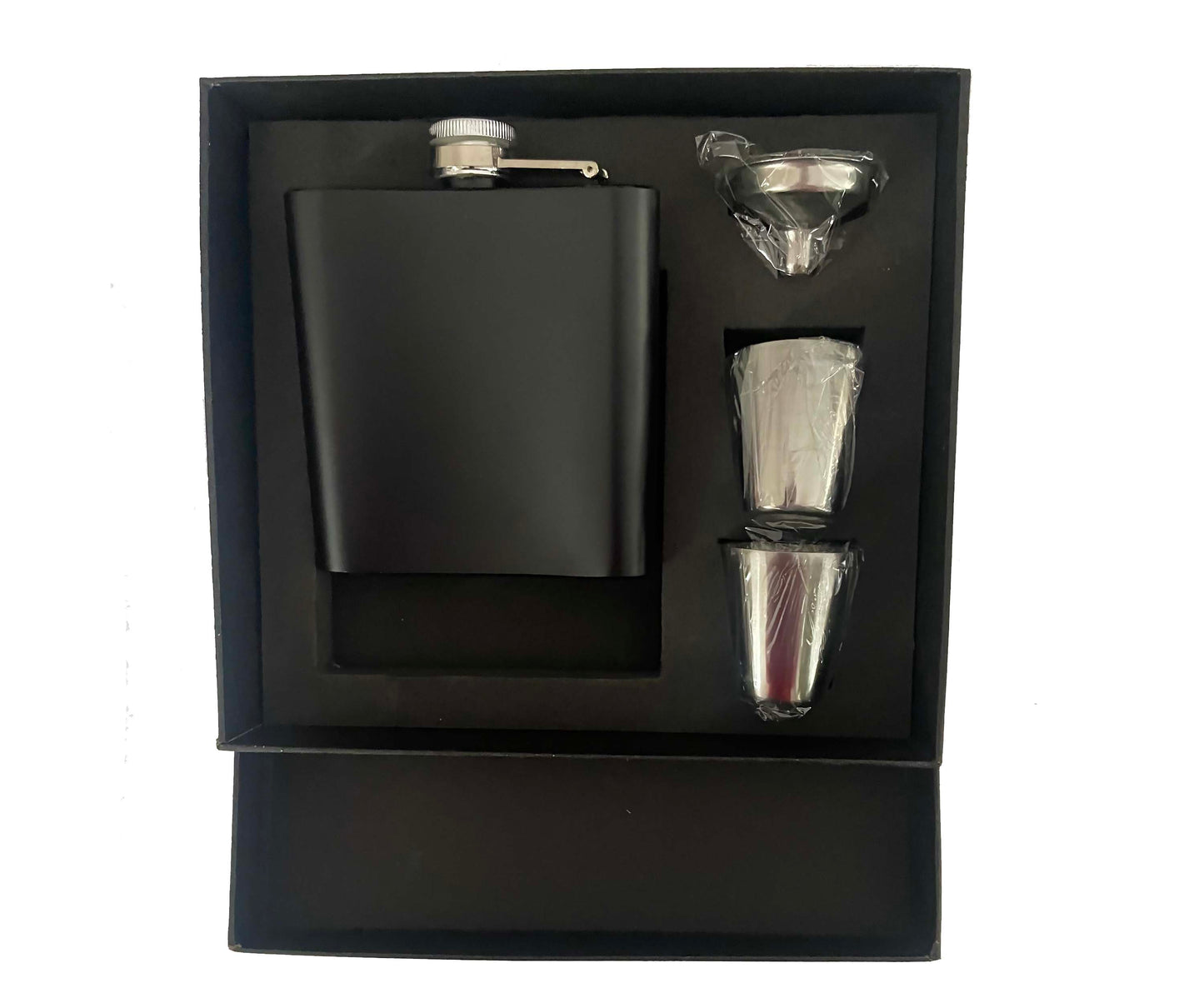 Personalised Matt Black 6oz Stainless Steel hip flask gift set
