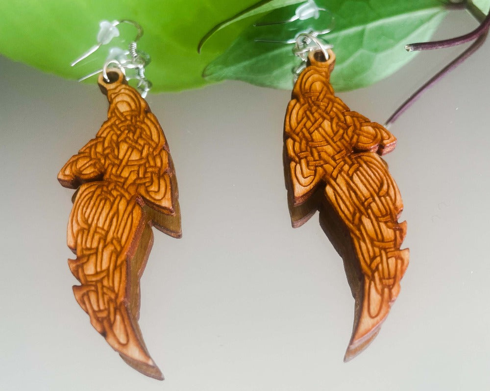 Wooden Celtic Feather Earring